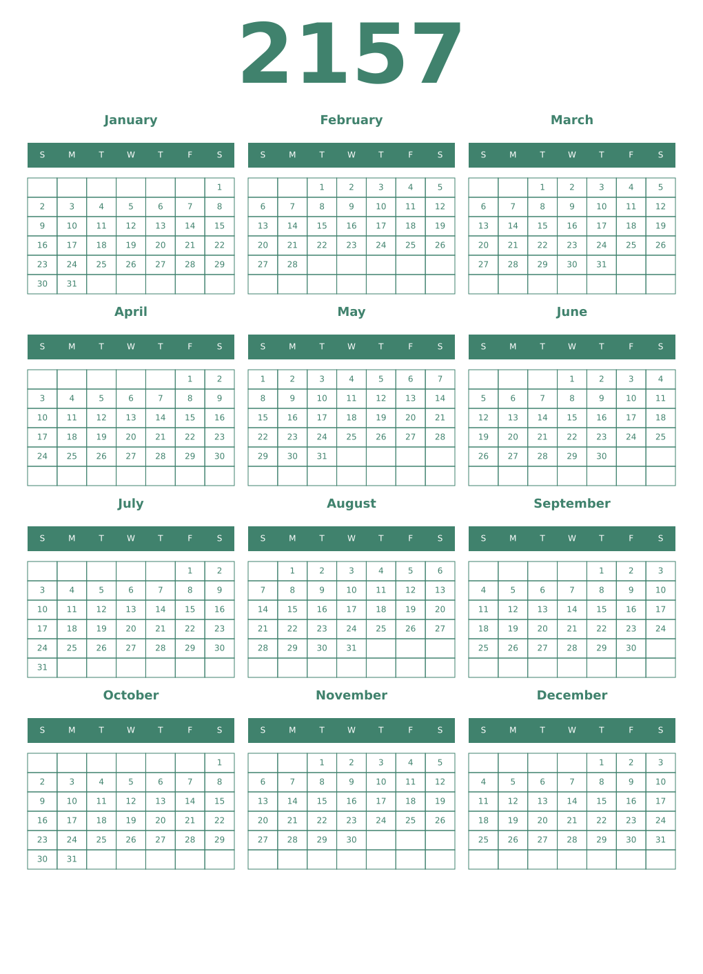 Printable 2157 Year Calendars viridian