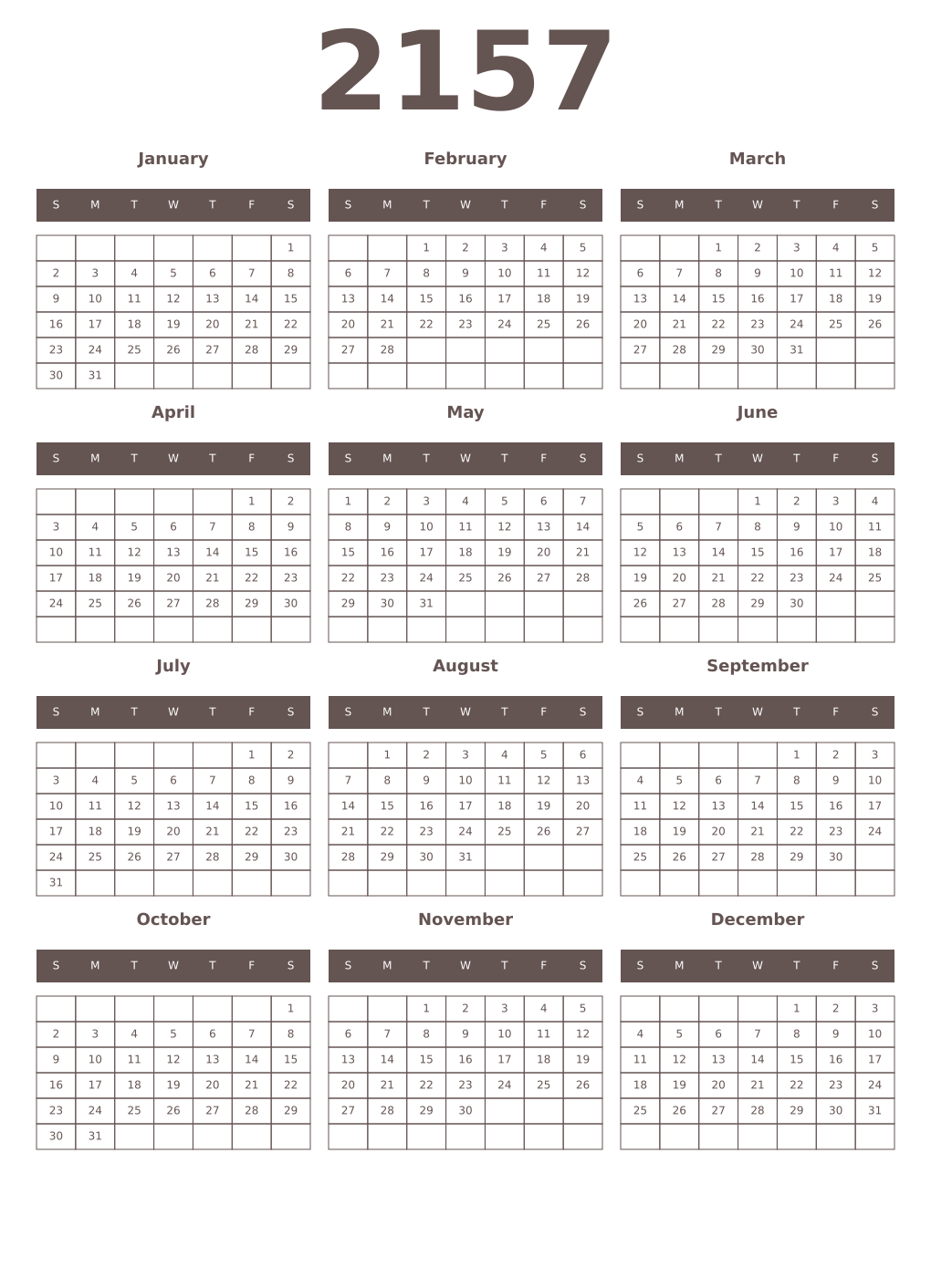 Printable 2157 Year Calendars wenge