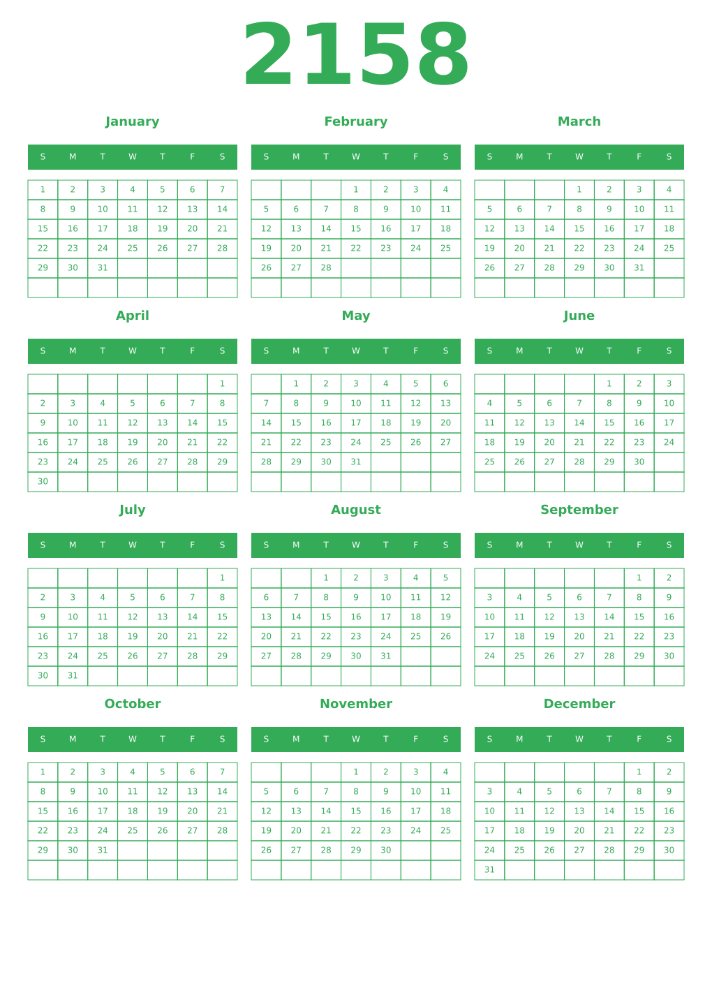 Printable 2158 Year Calendars green