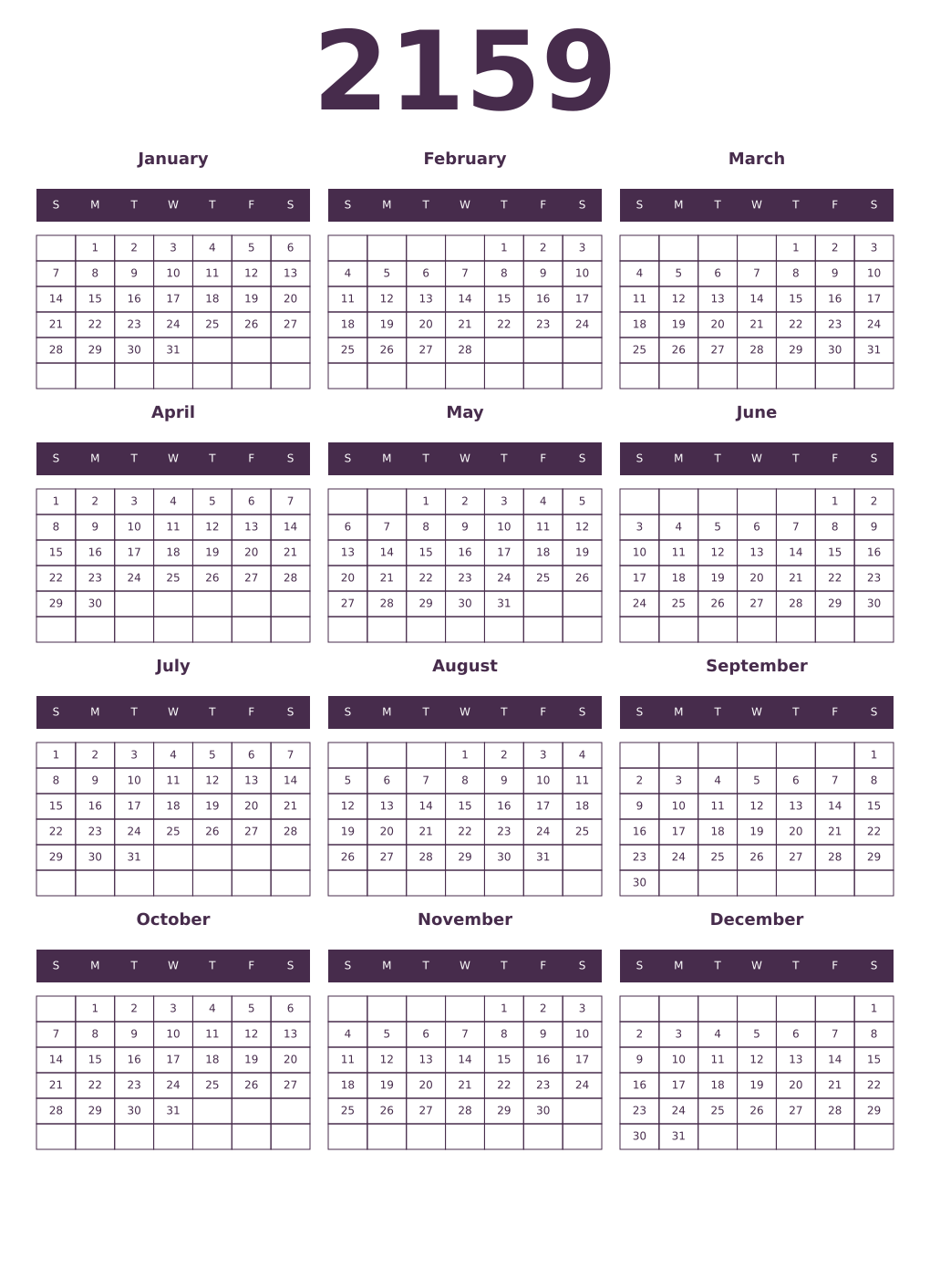 Printable 2159 Year Calendars aubergine