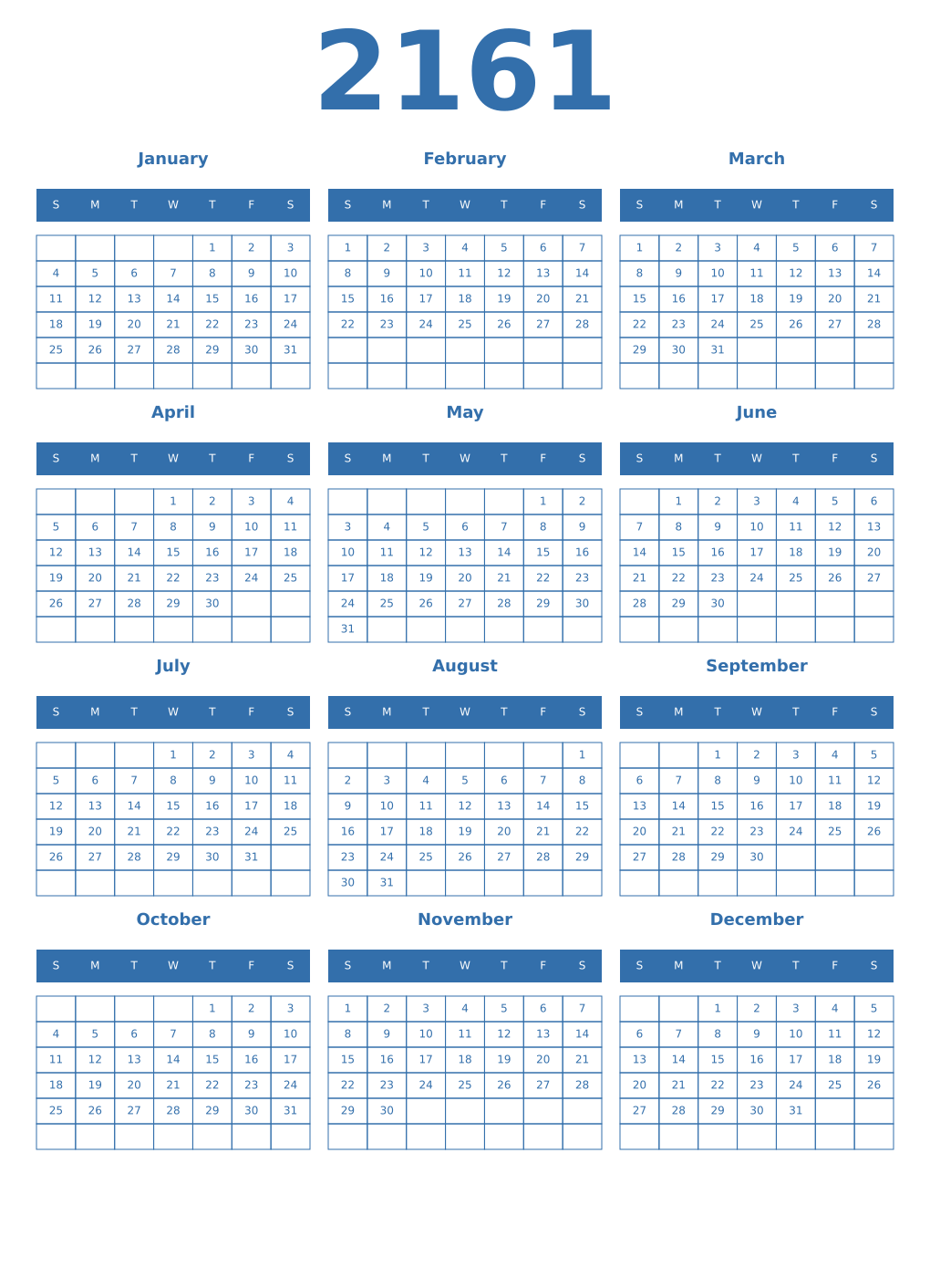 Printable 2161 Year Calendars blue