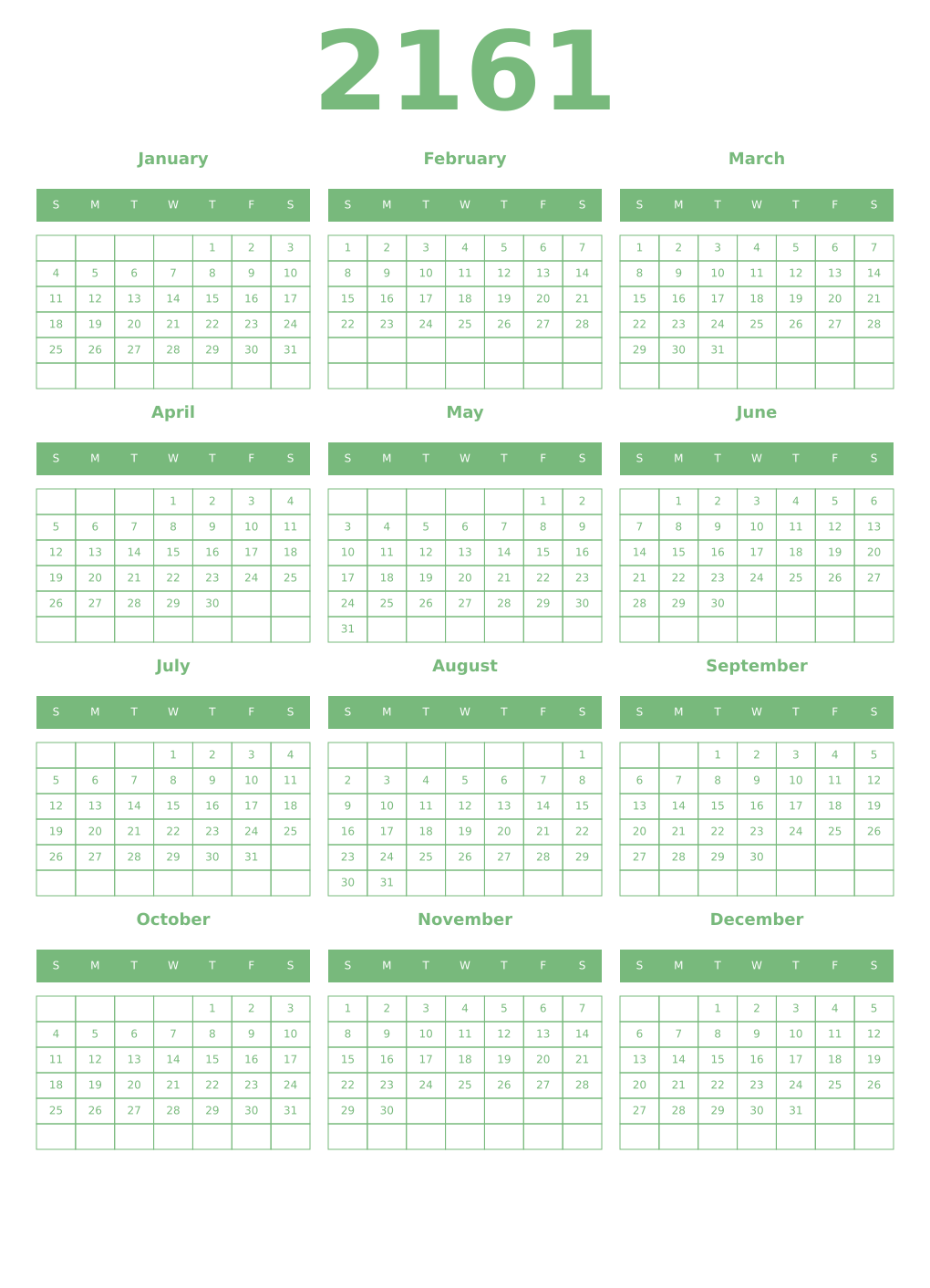 Printable 2161 Year Calendars celadon