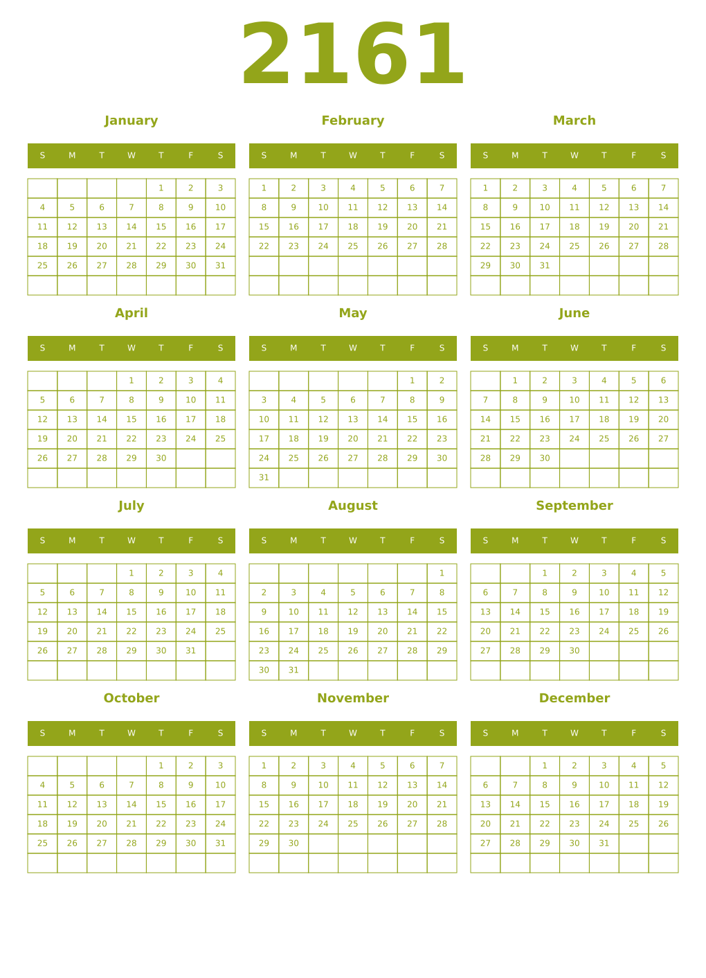Printable 2161 Year Calendars chartreuse