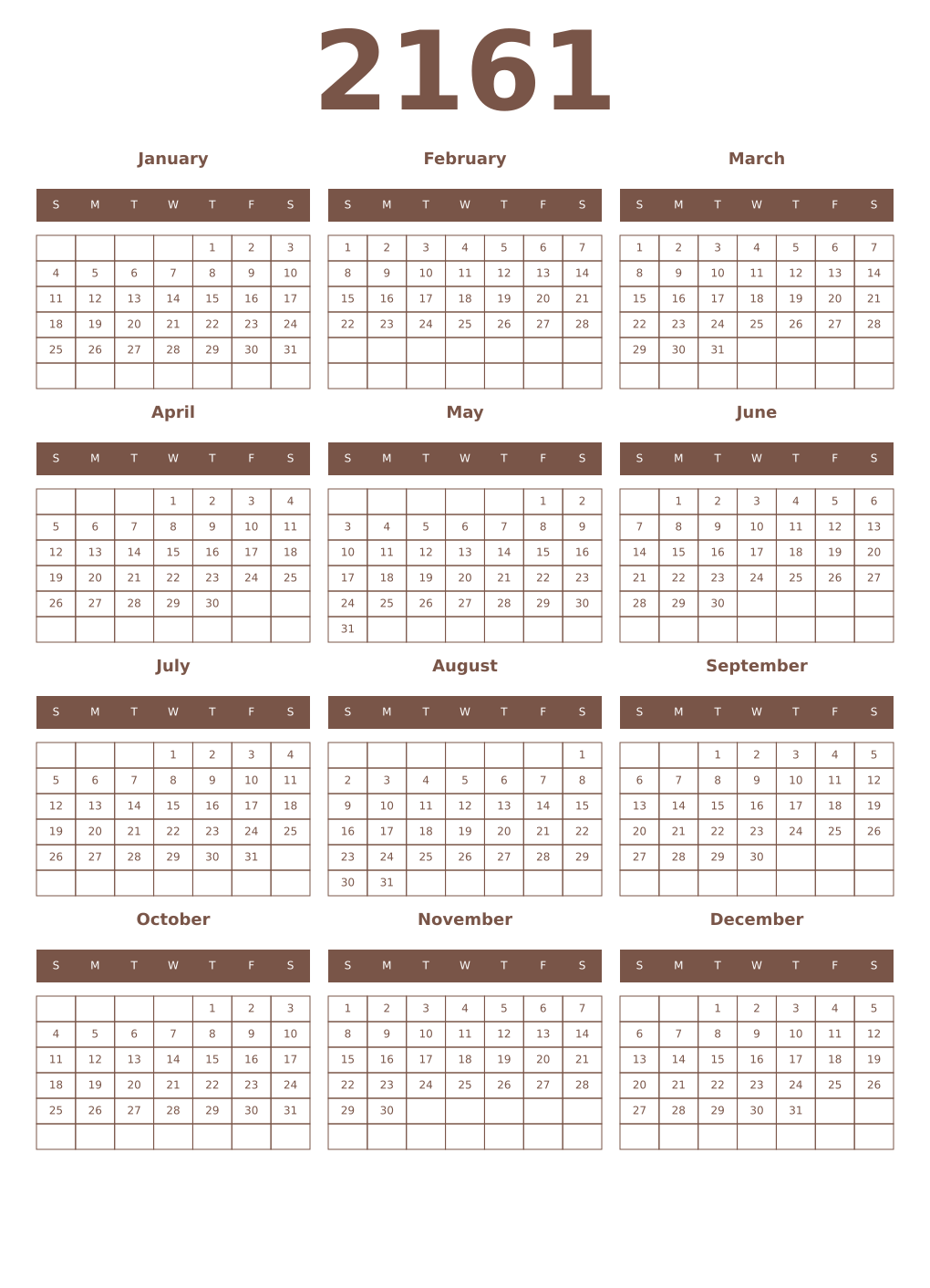 Printable 2161 Year Calendars coffe