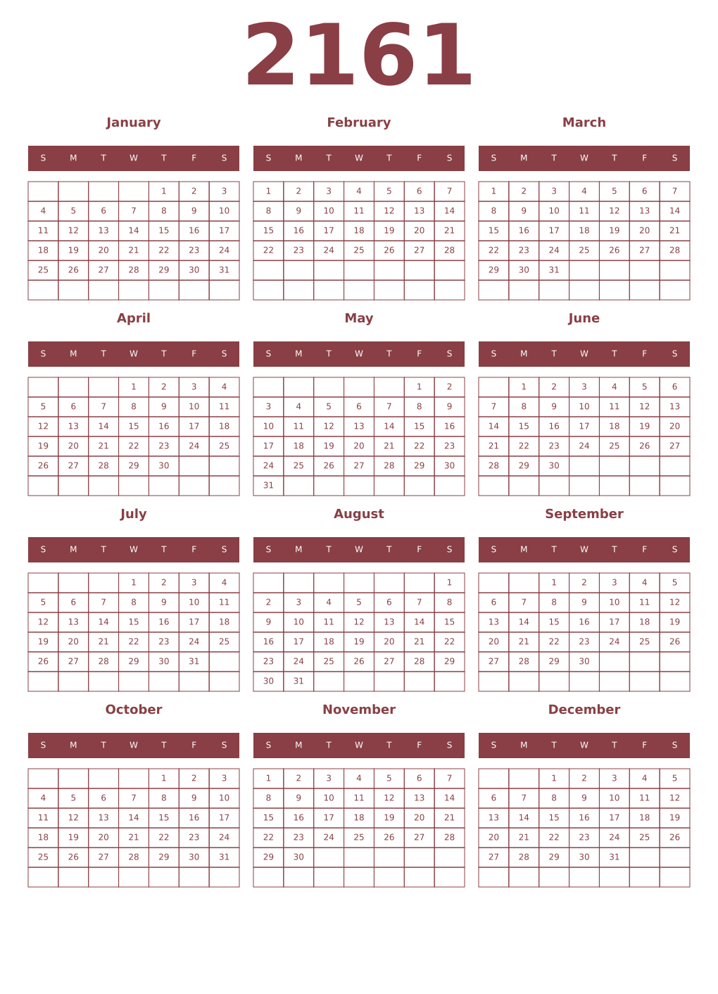 Printable 2161 Year Calendars cordovan