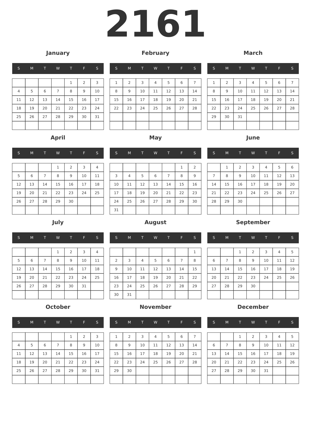 Printable 2161 Year Calendars dark