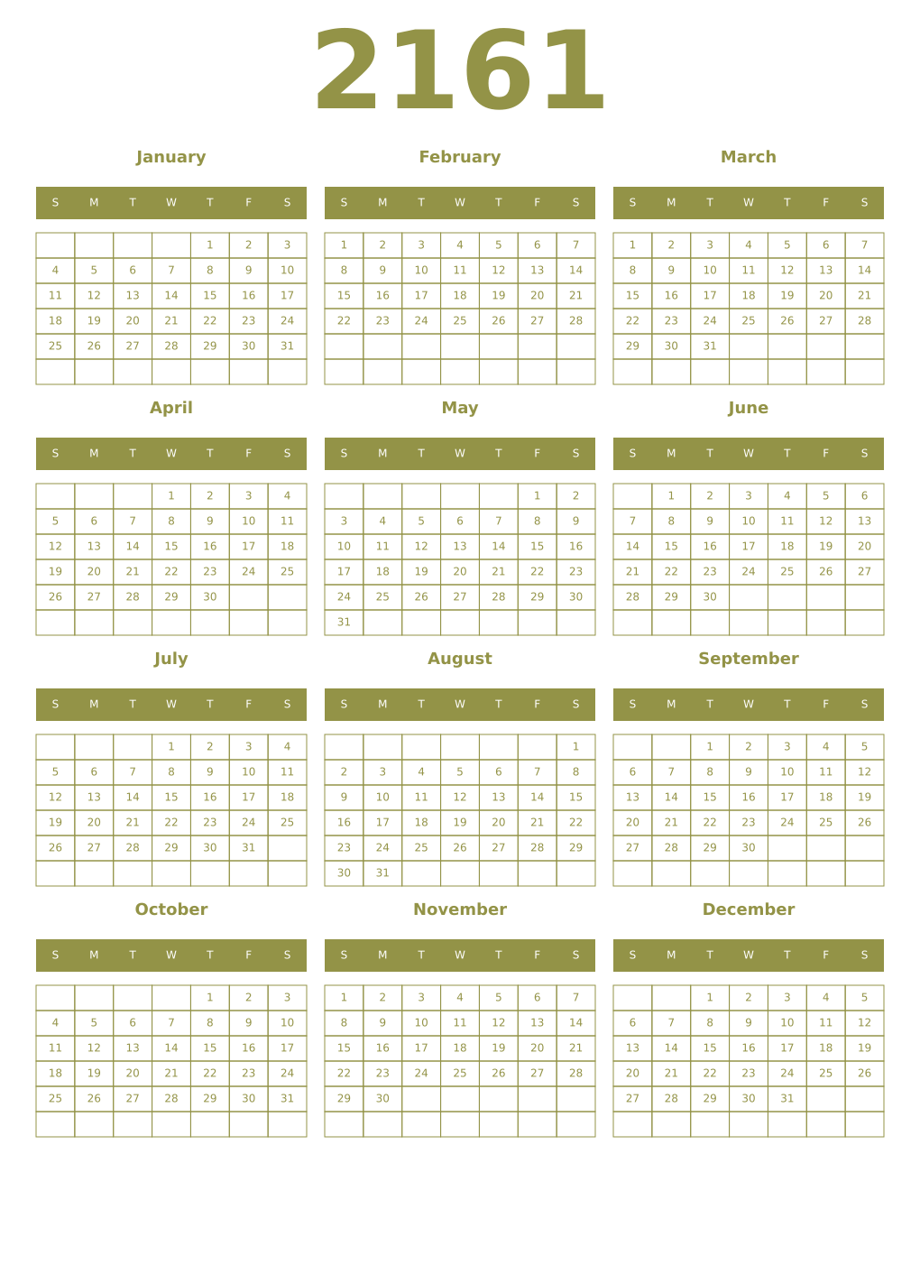 Printable 2161 Year Calendars eburnean