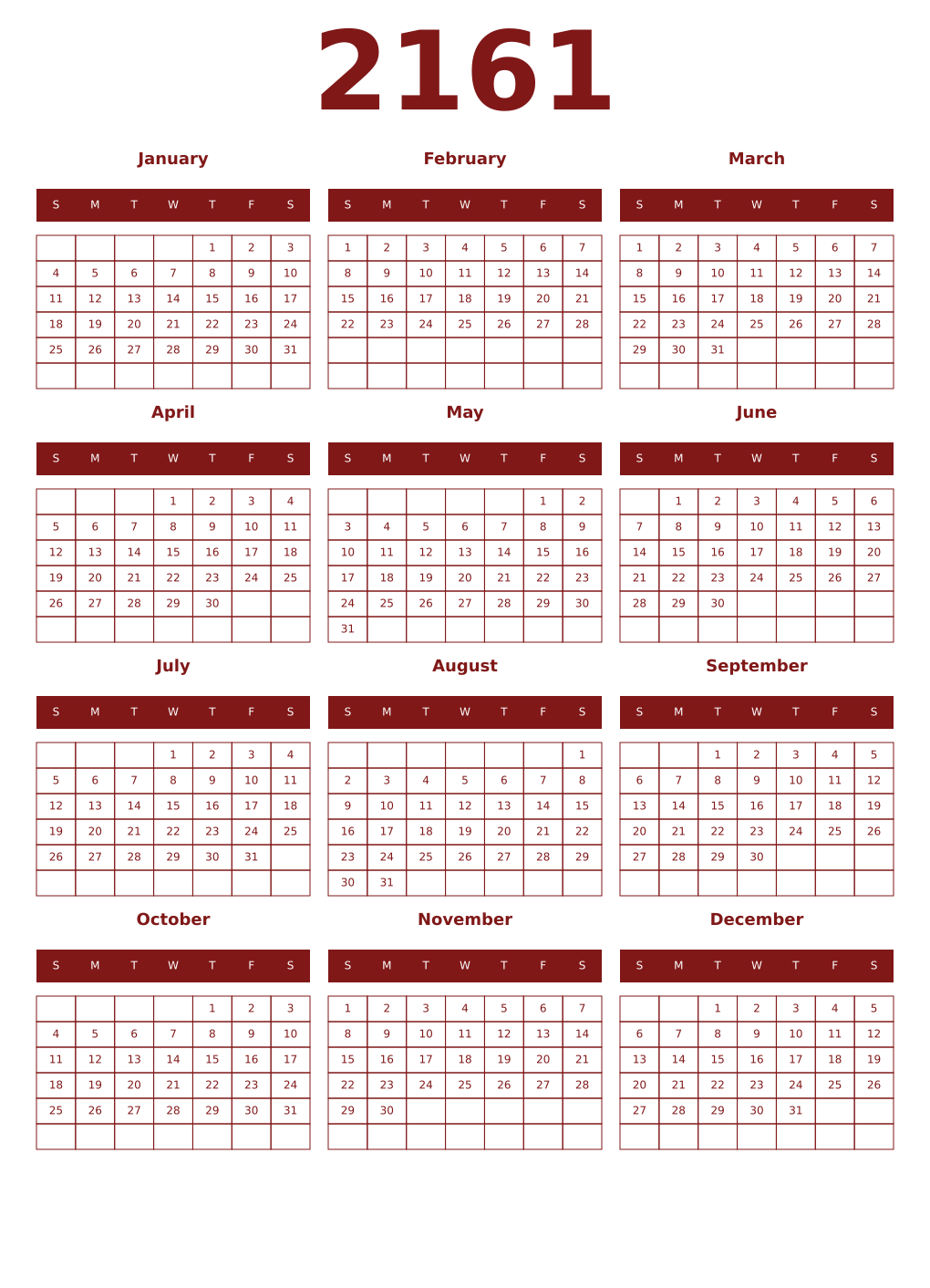 Printable 2161 Year Calendars falu