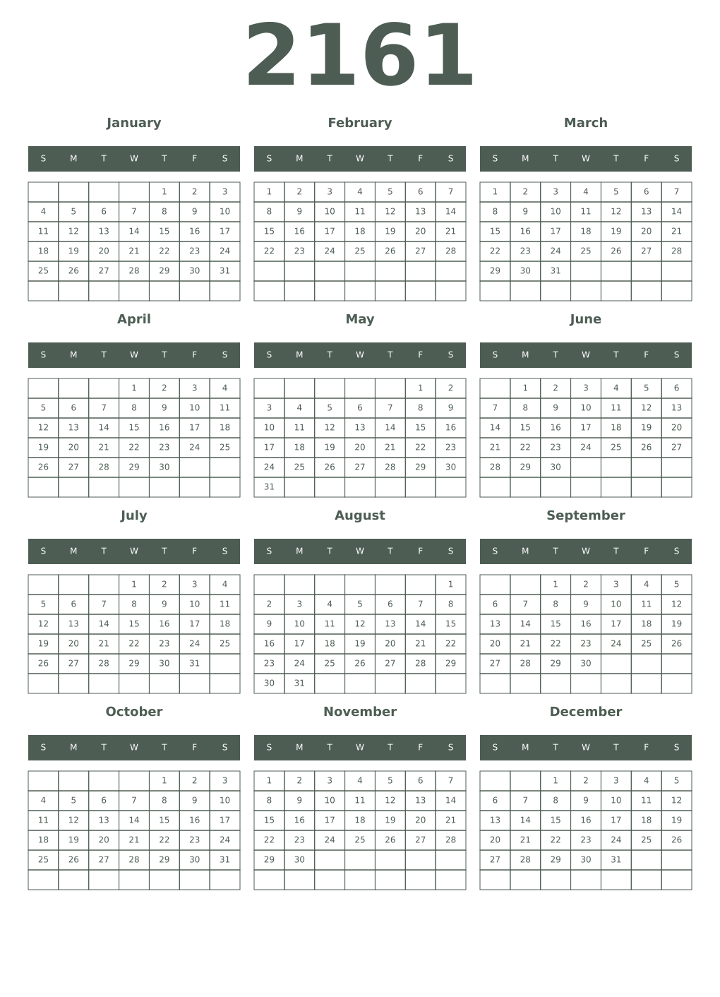 Printable 2161 Year Calendars feldgrau