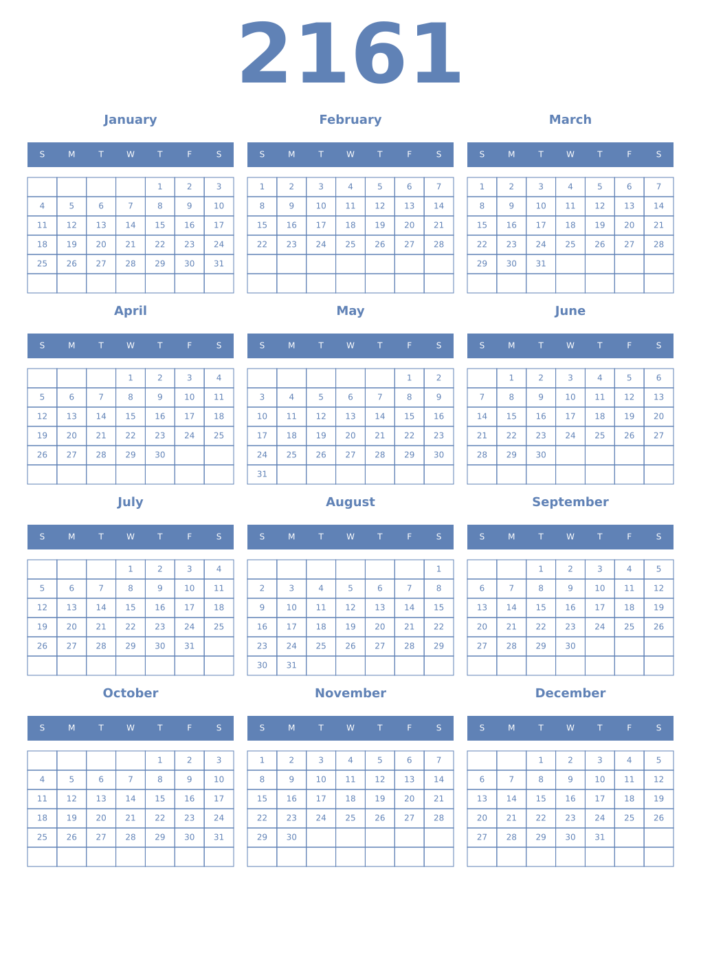 Printable 2161 Year Calendars glaucous