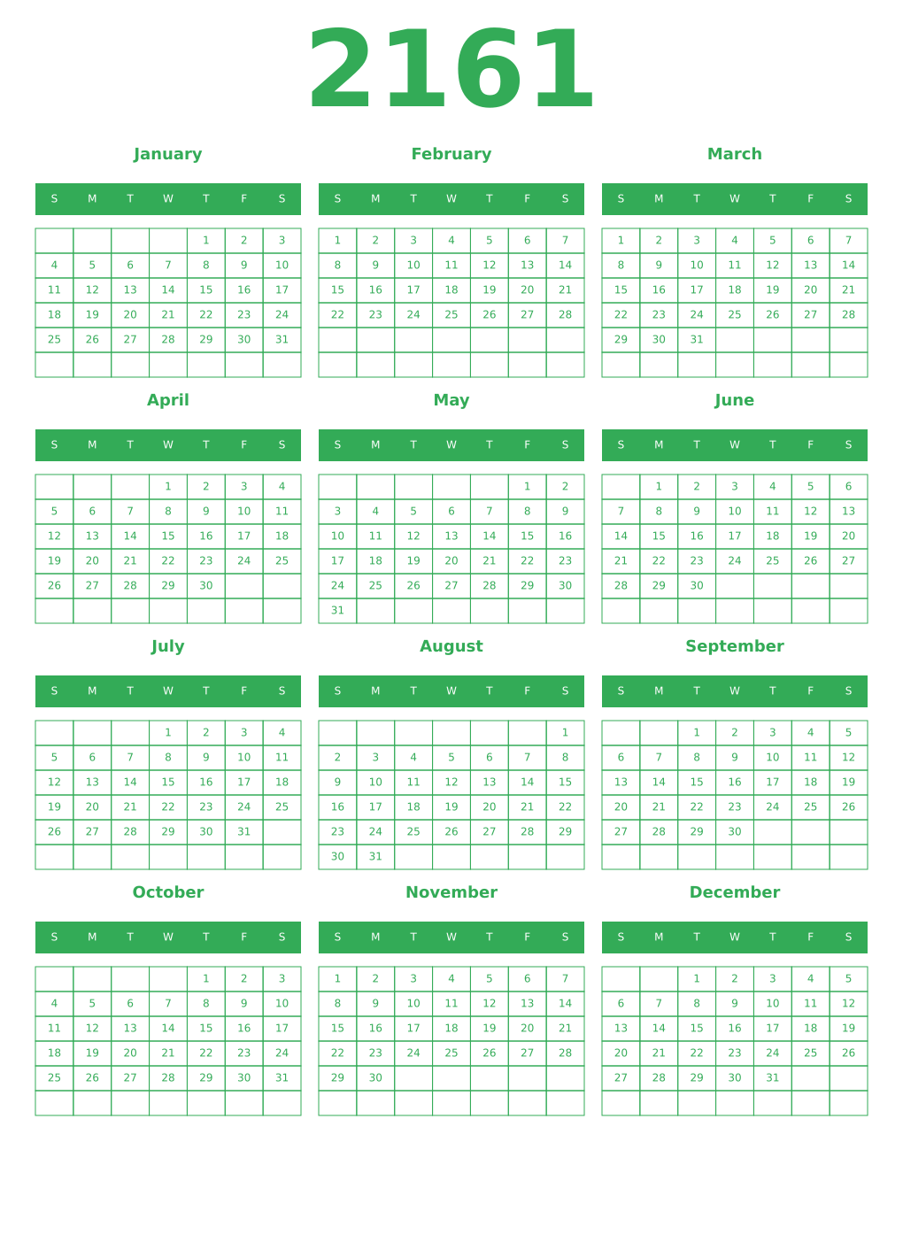Printable 2161 Year Calendars green