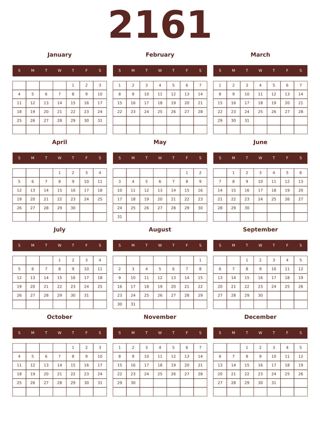 Printable 2161 Year Calendars mortuum