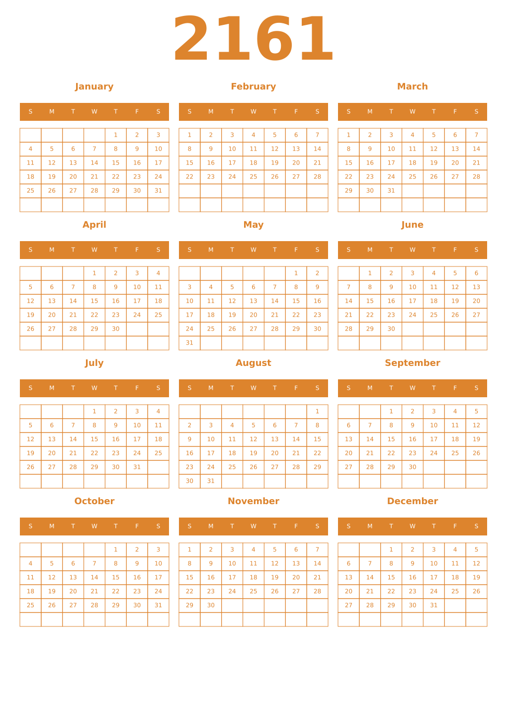 Printable 2161 Year Calendars orange