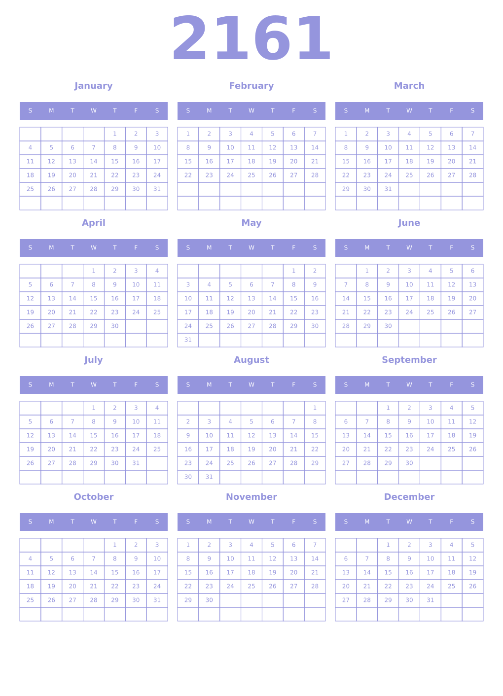 Printable 2161 Year Calendars periwinkle