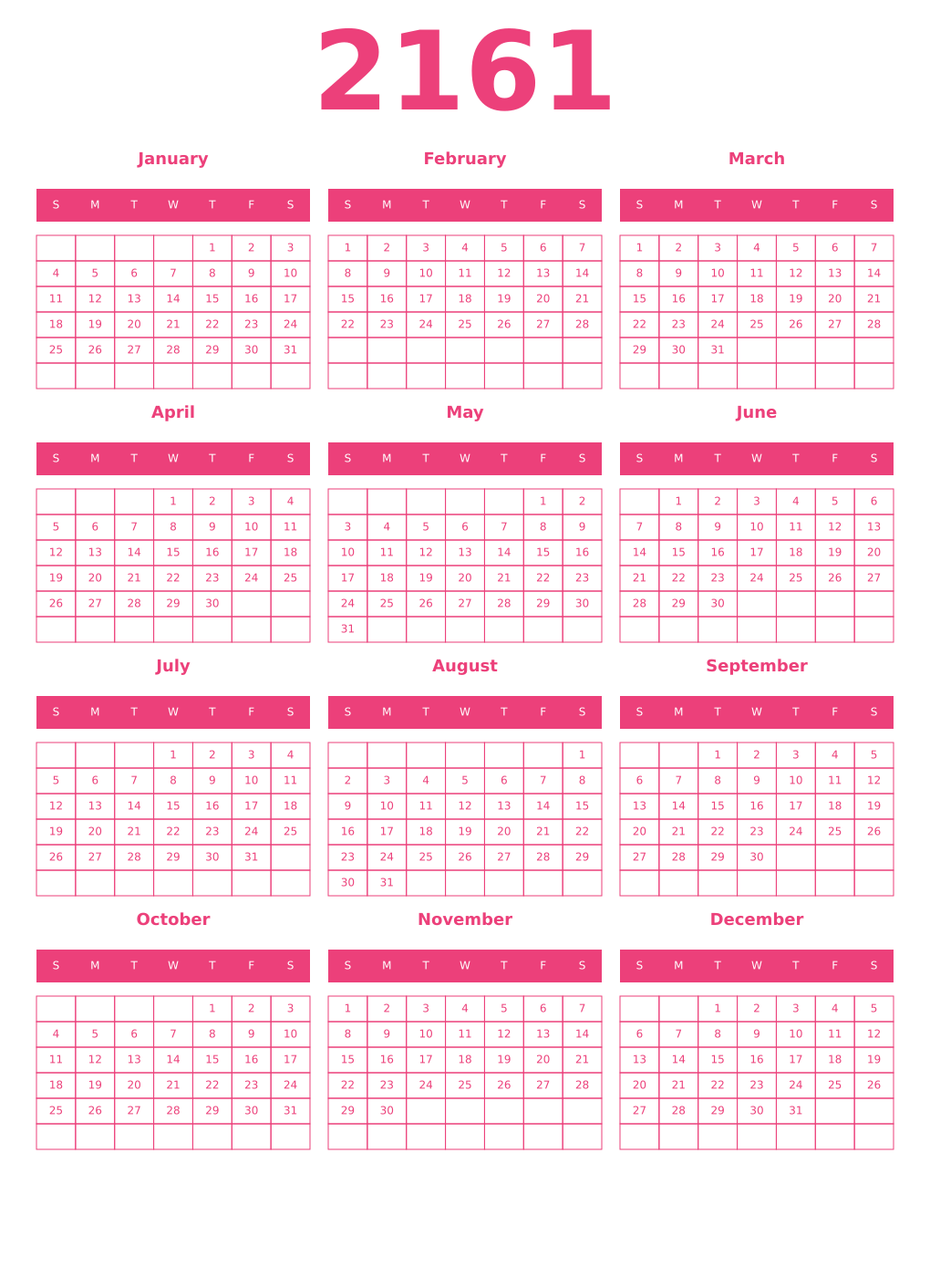 Printable 2161 Year Calendars pink