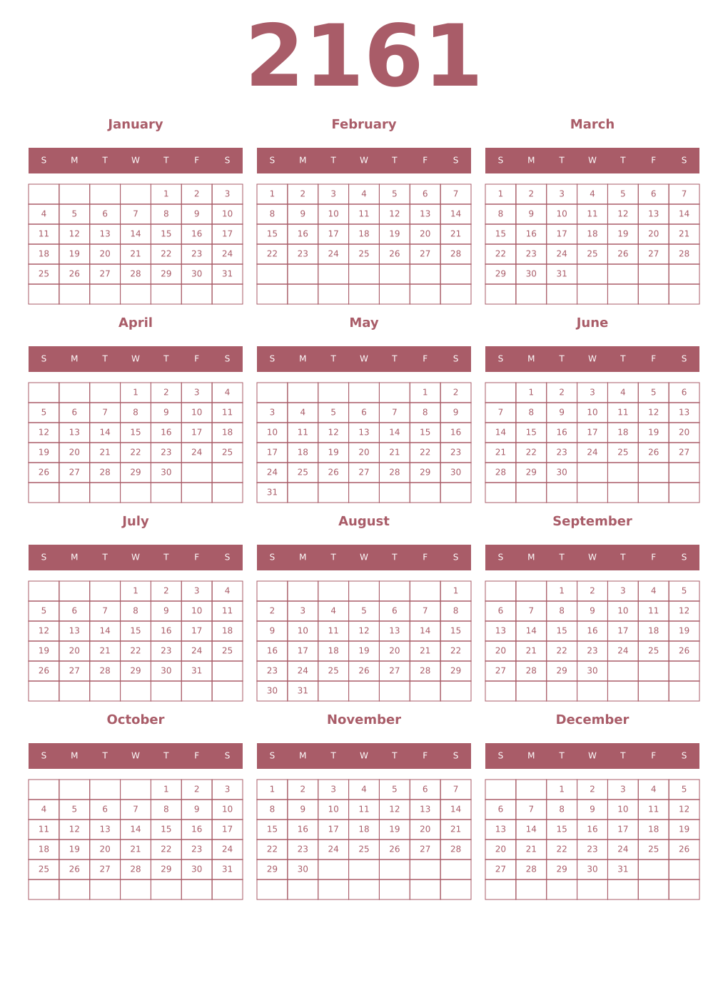 Printable 2161 Year Calendars puce