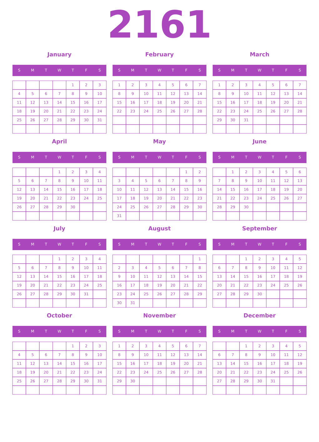Printable 2161 Year Calendars purple