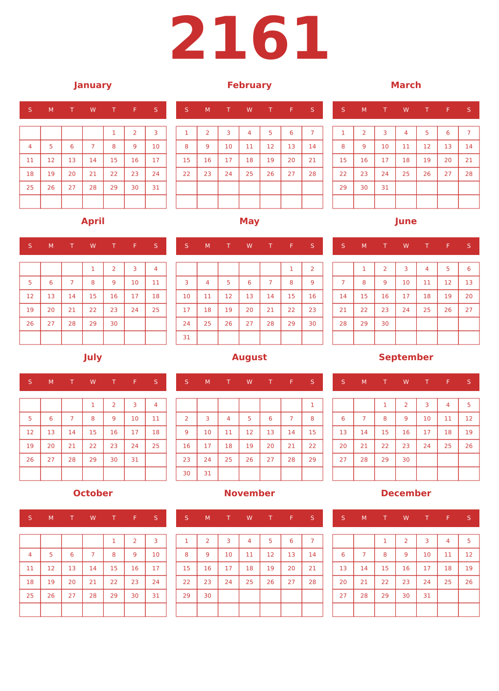 Printable 2161 Year Calendars red