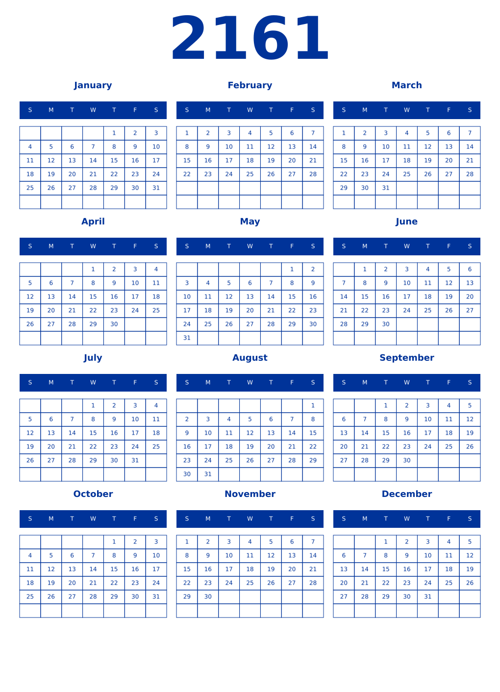 Printable 2161 Year Calendars smalt