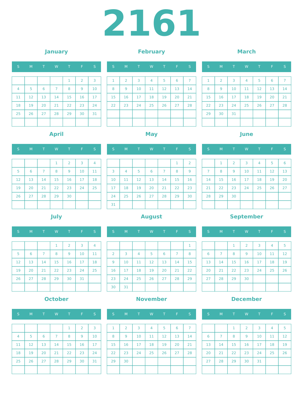 Printable 2161 Year Calendars verdigris
