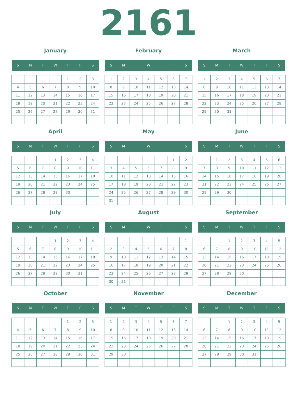 Printable 2161 Year Calendars viridian