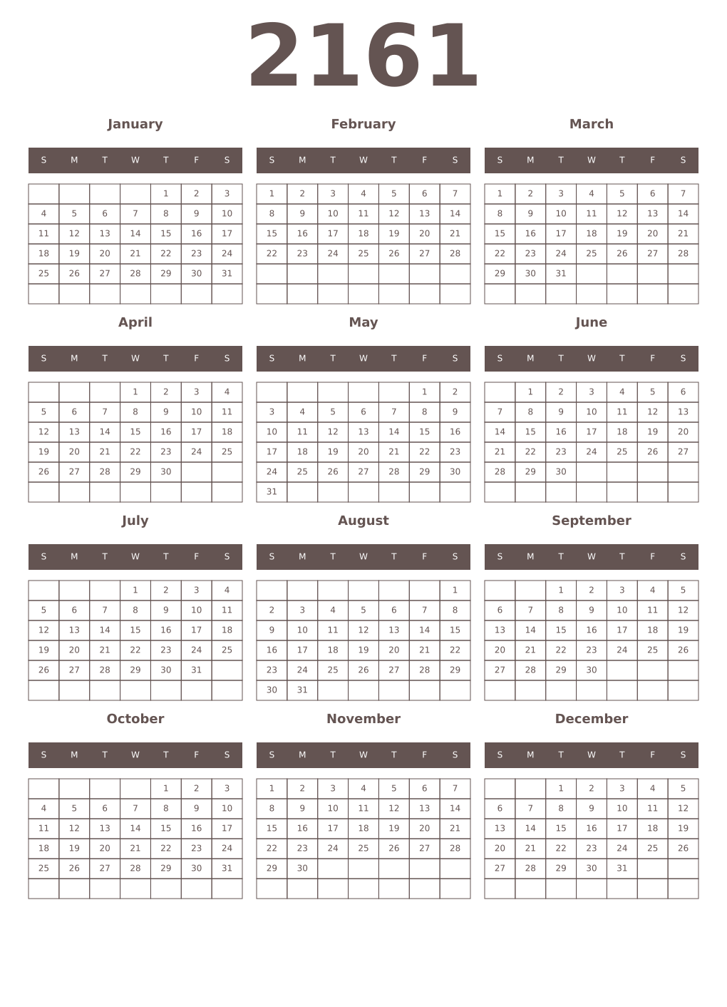 Printable 2161 Year Calendars wenge