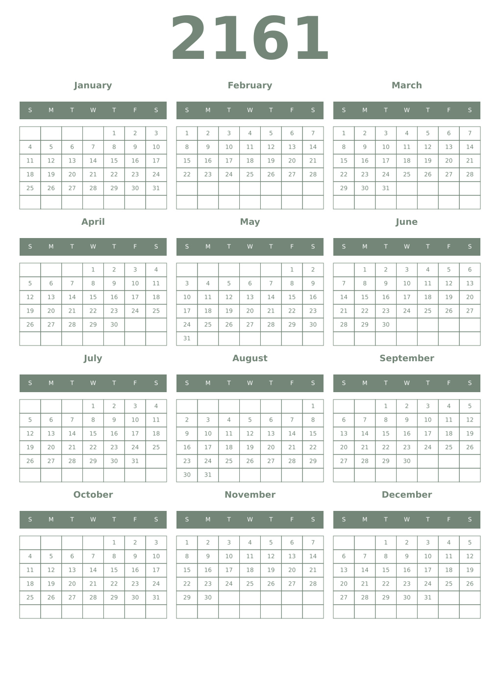 Printable 2161 Year Calendars xanadu