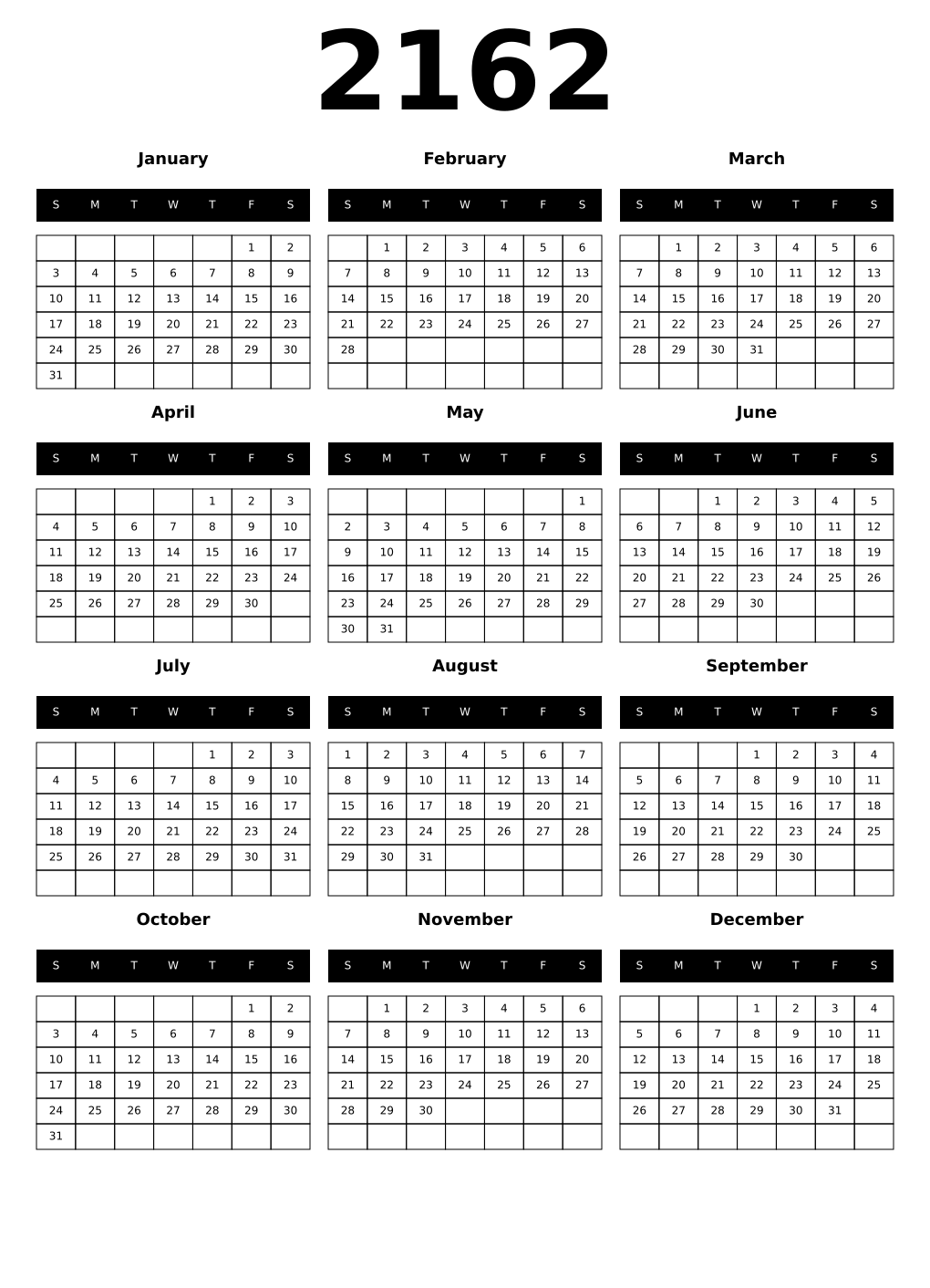 Printable 2162 Calendars