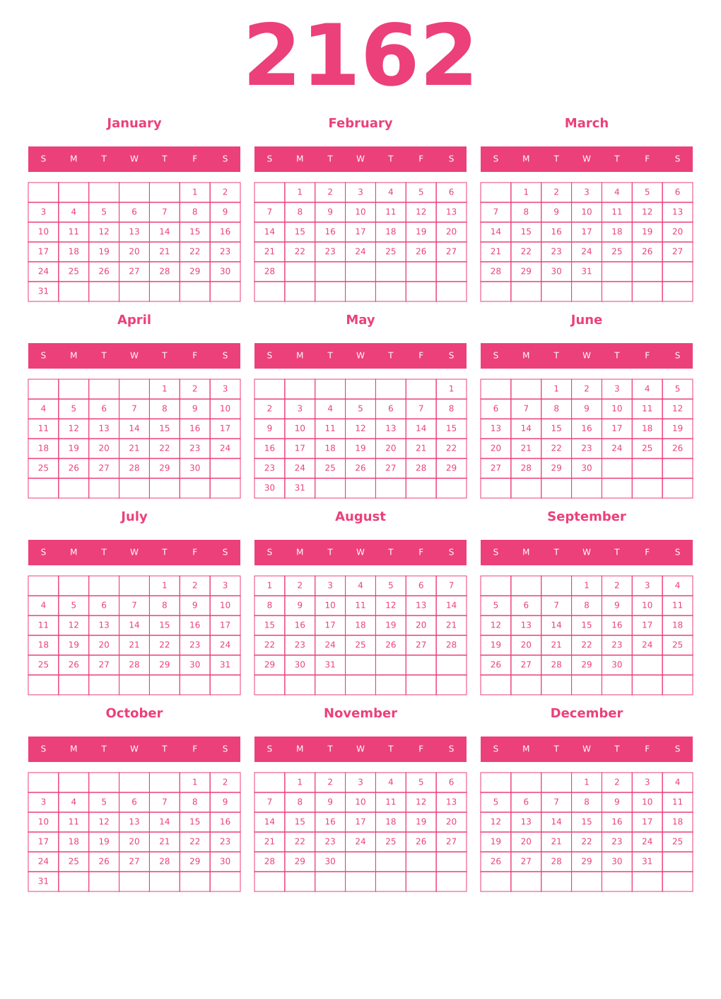 Printable 2162 Year Calendars pink