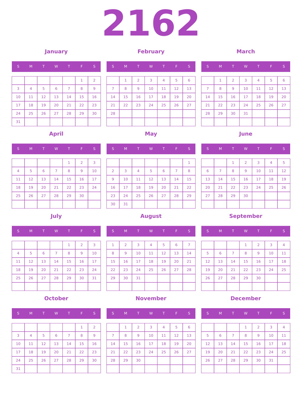 Printable 2162 Year Calendars purple