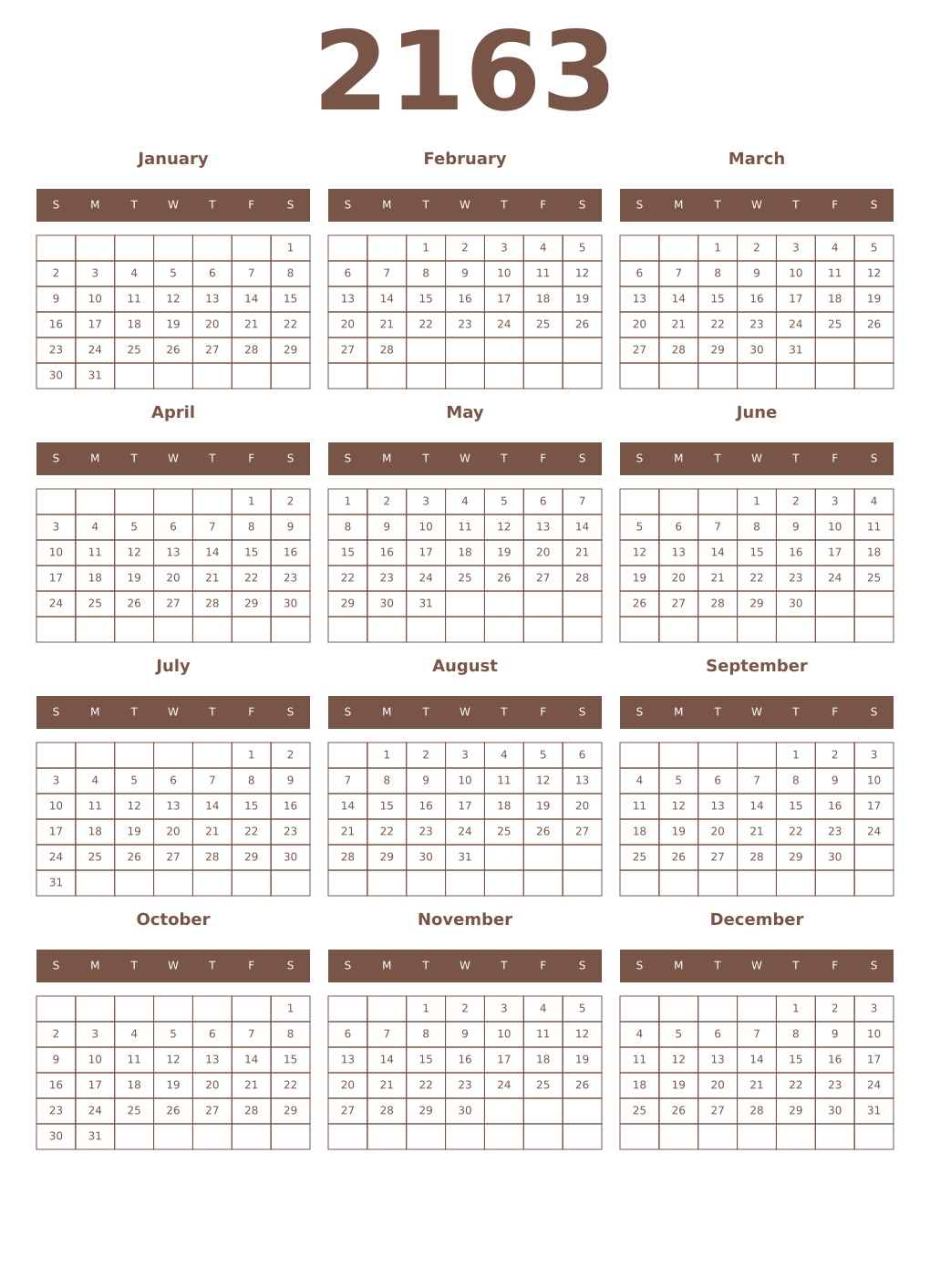 Printable 2163 Year Calendars coffe