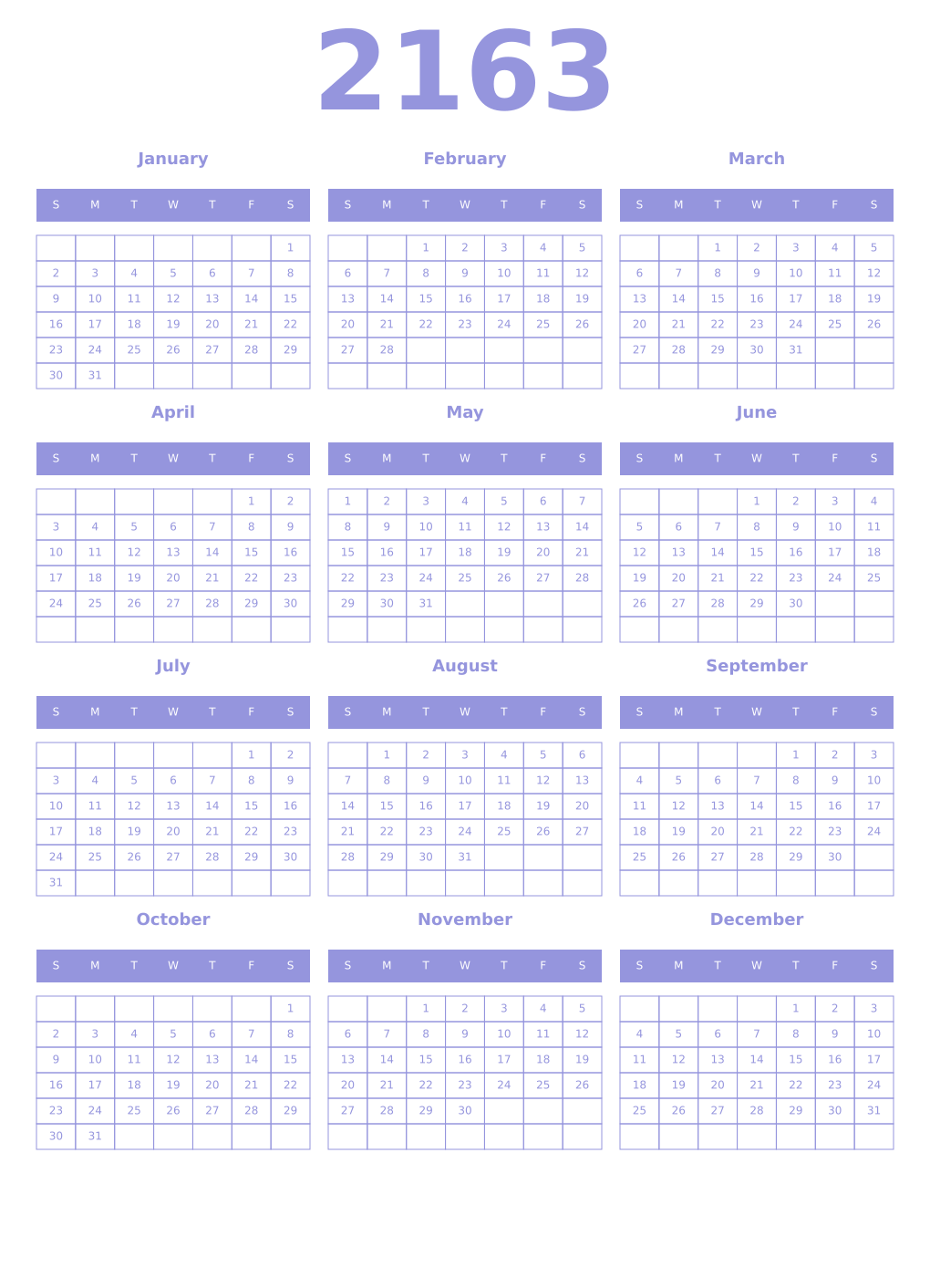 Printable 2163 Year Calendars periwinkle