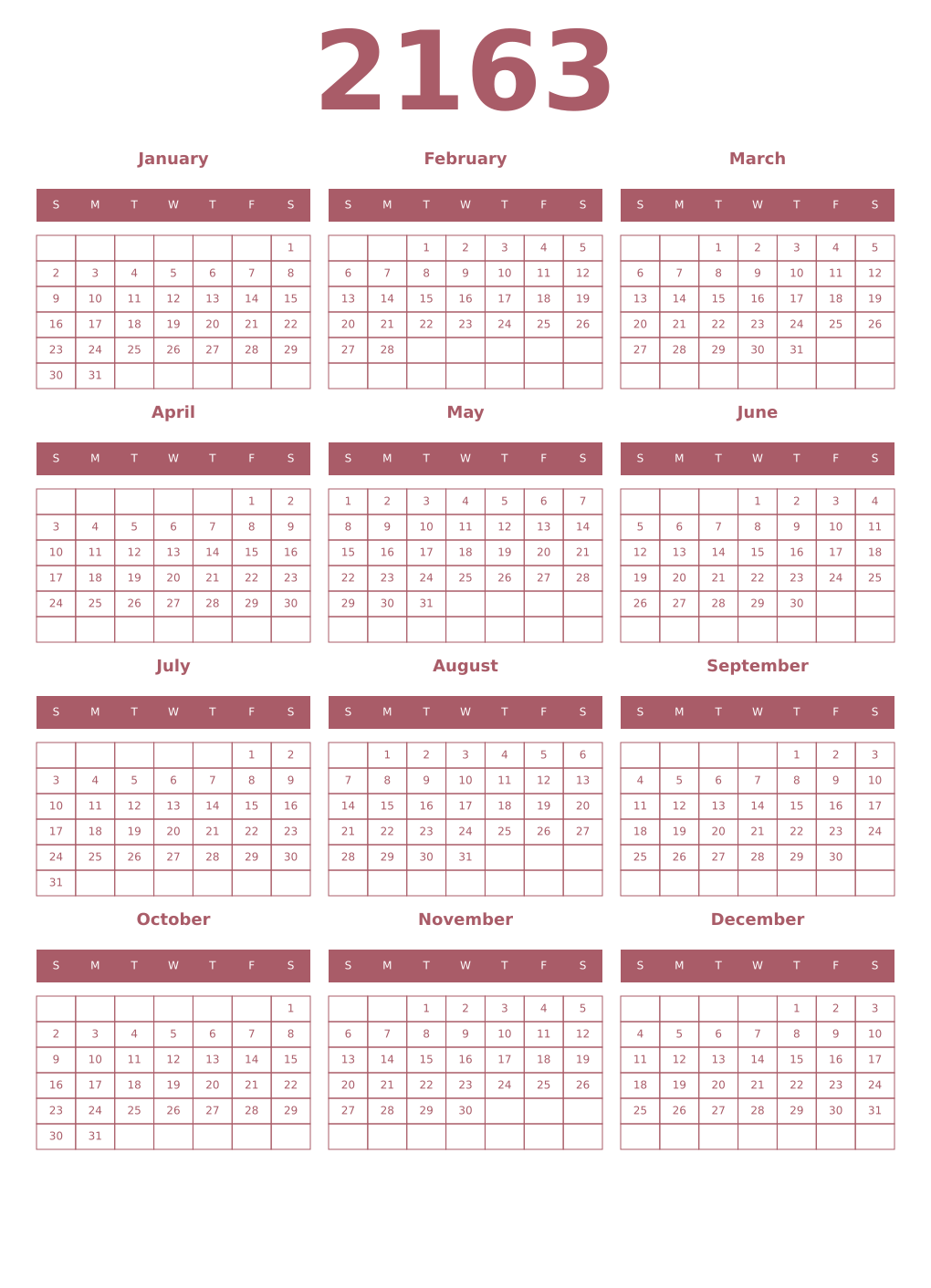 Printable 2163 Year Calendars puce