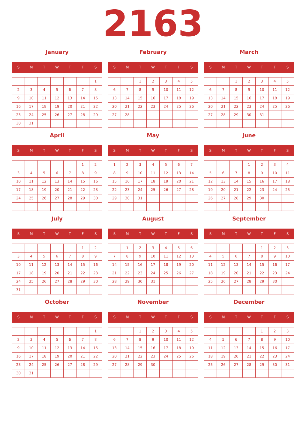 Printable 2163 Year Calendars red