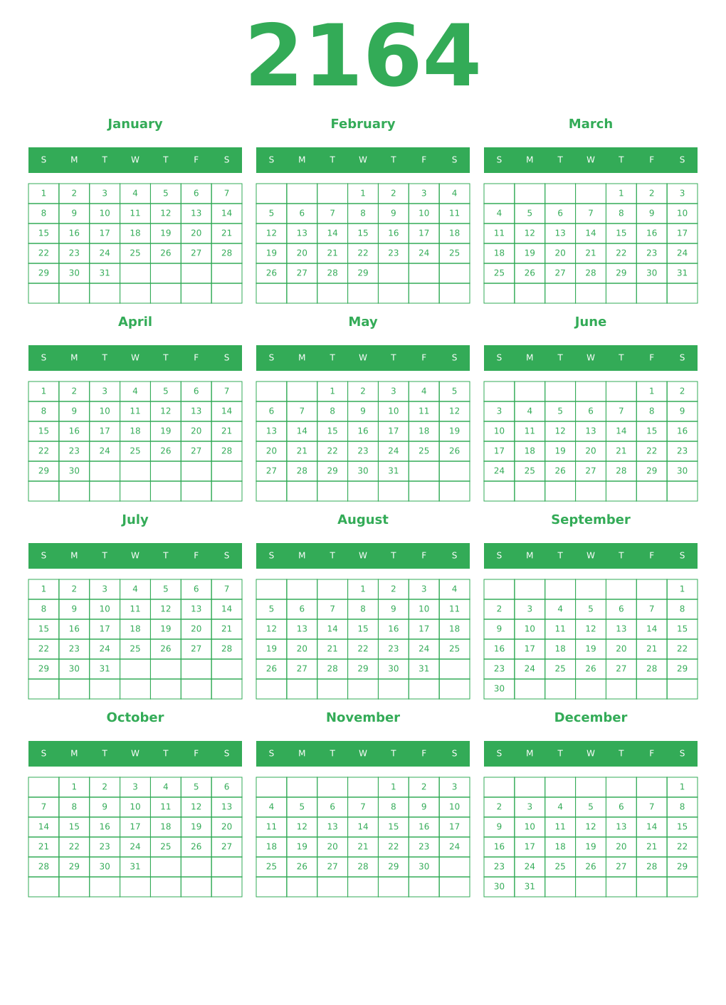 Printable 2164 Year Calendars green