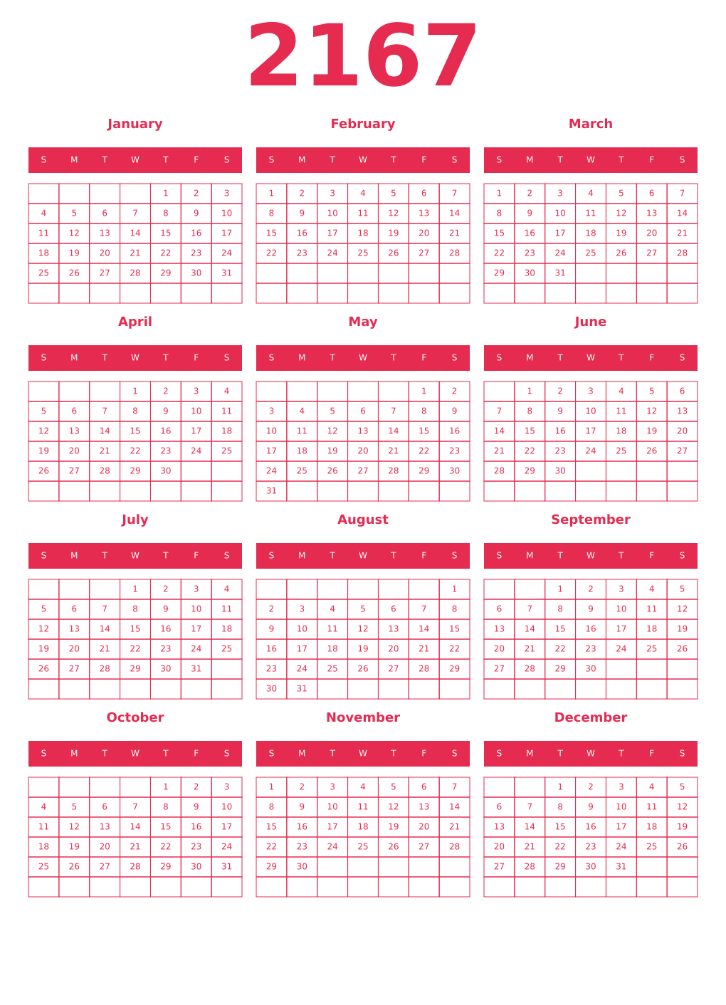 Printable 2167 Year Calendars amaranth