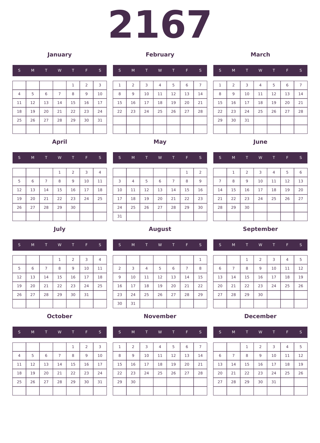 Printable 2167 Year Calendars aubergine