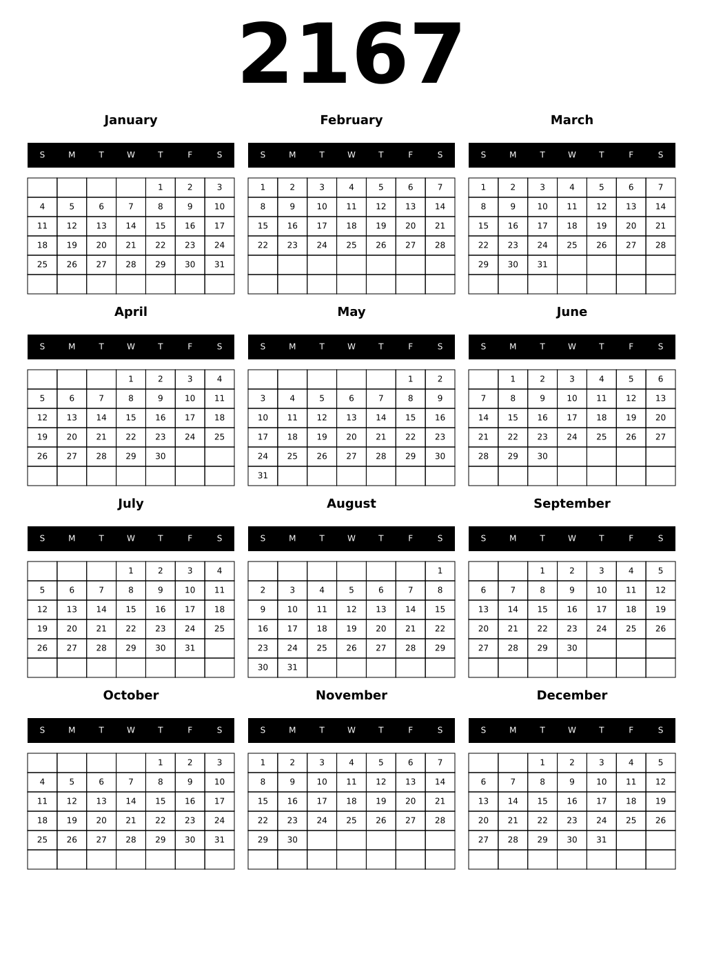 Printable 2167 Year Calendars black