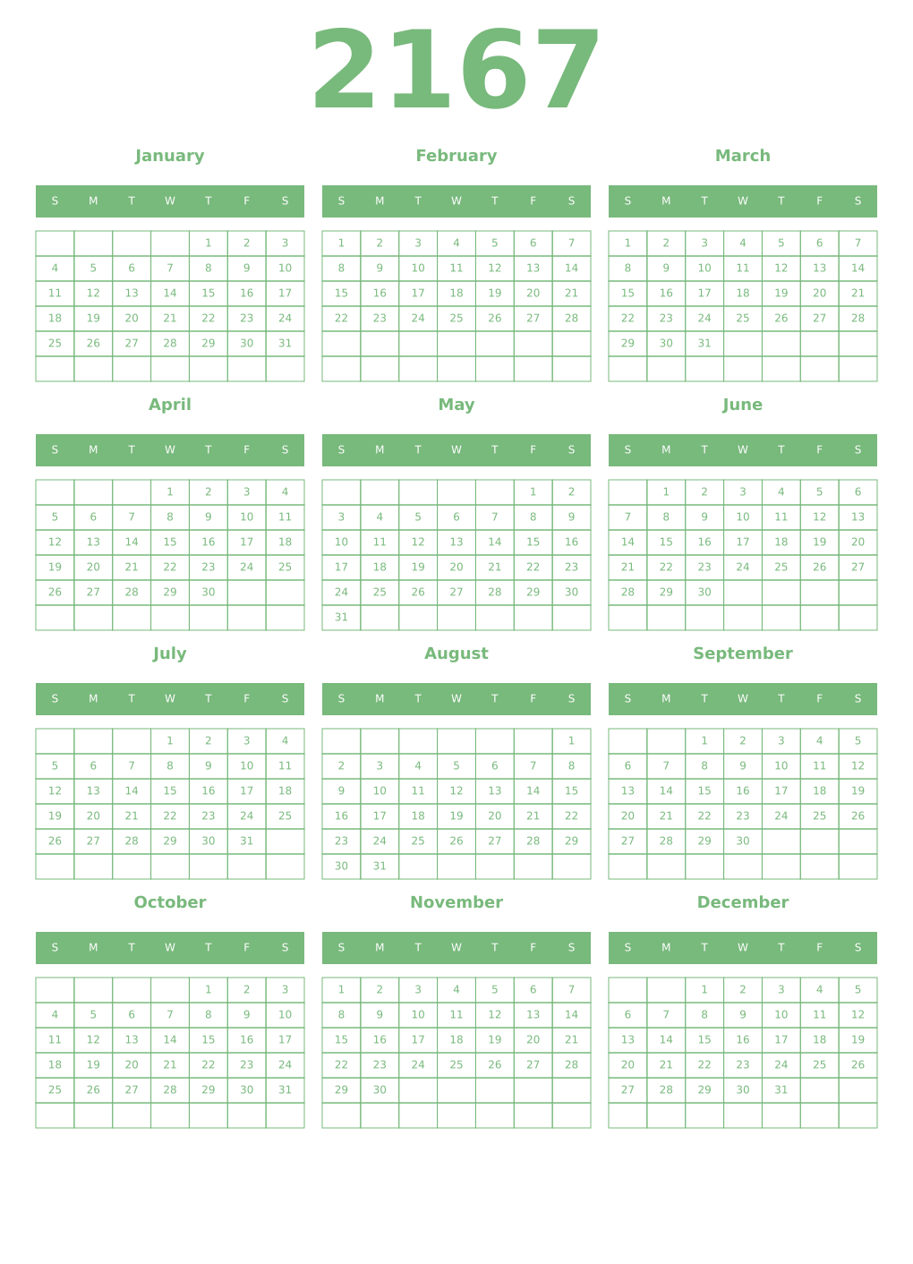 Printable 2167 Year Calendars celadon