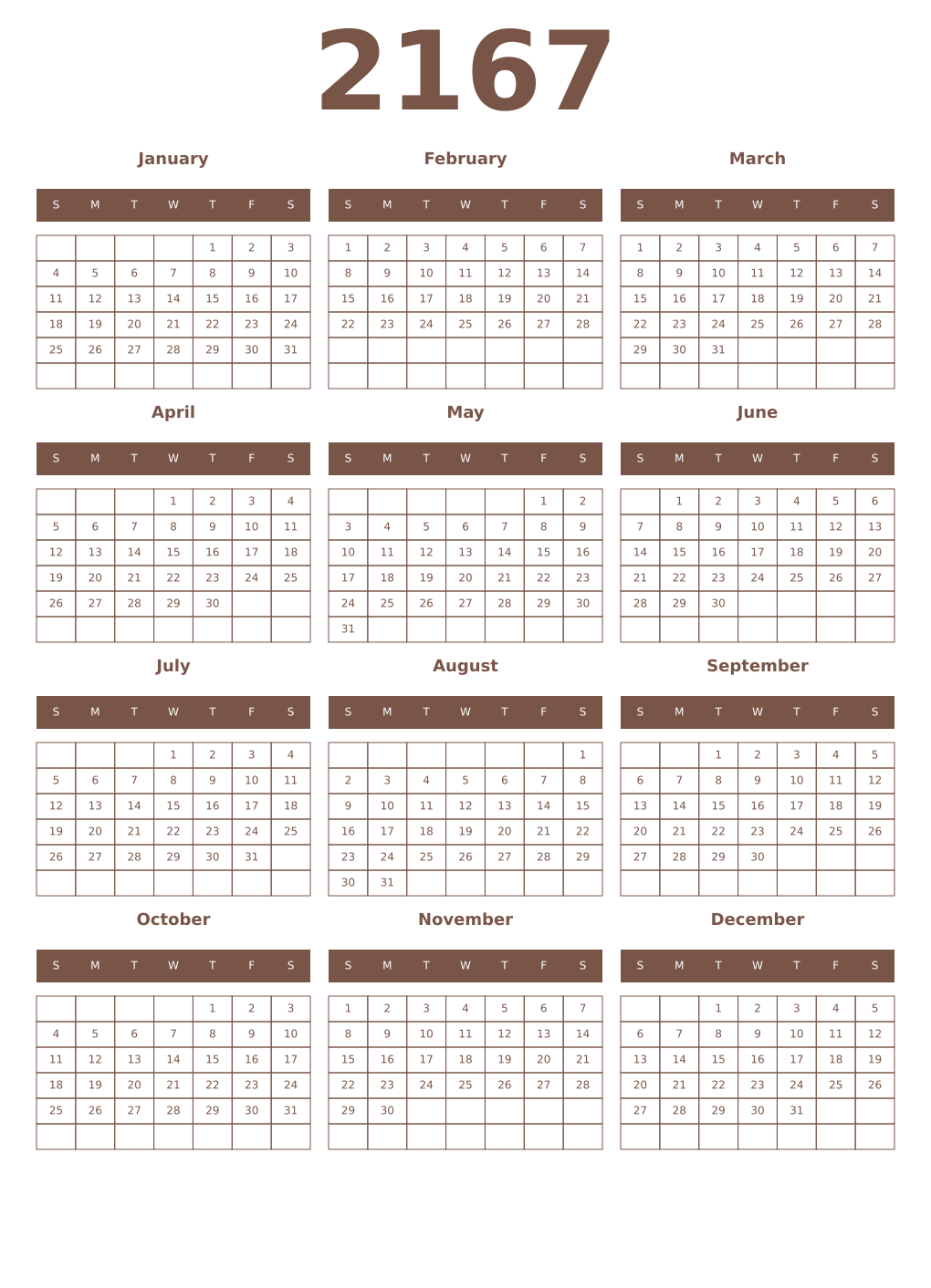 Printable 2167 Year Calendars coffe