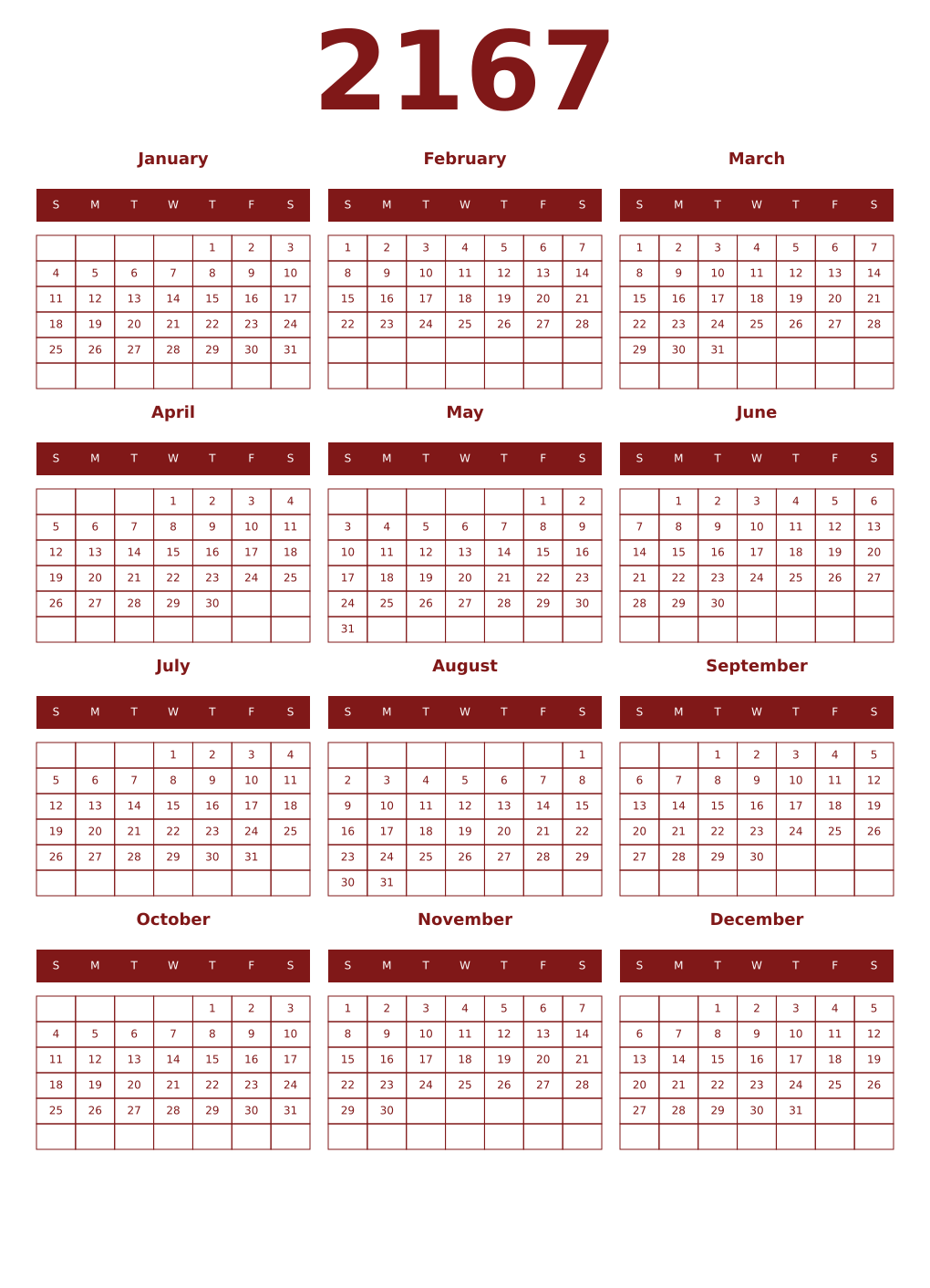 Printable 2167 Year Calendars falu