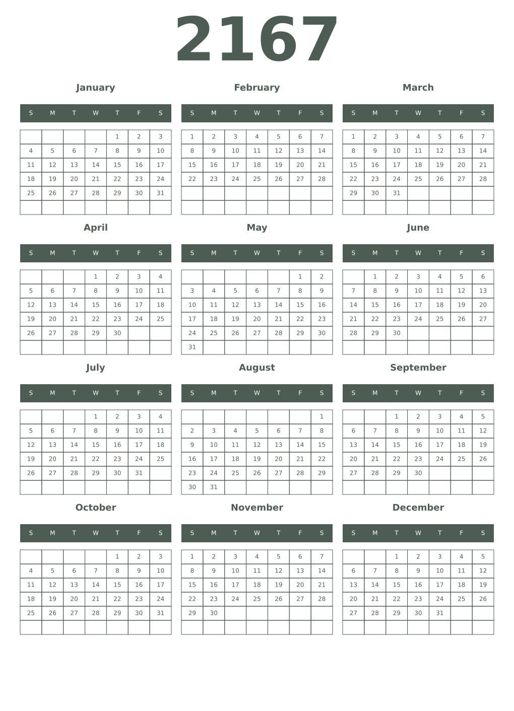 Printable 2167 Year Calendars feldgrau