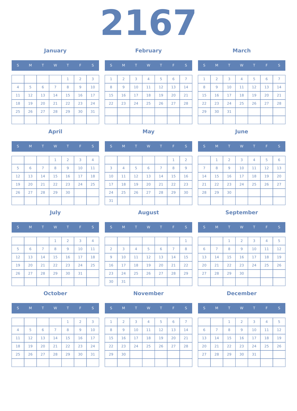 Printable 2167 Year Calendars glaucous