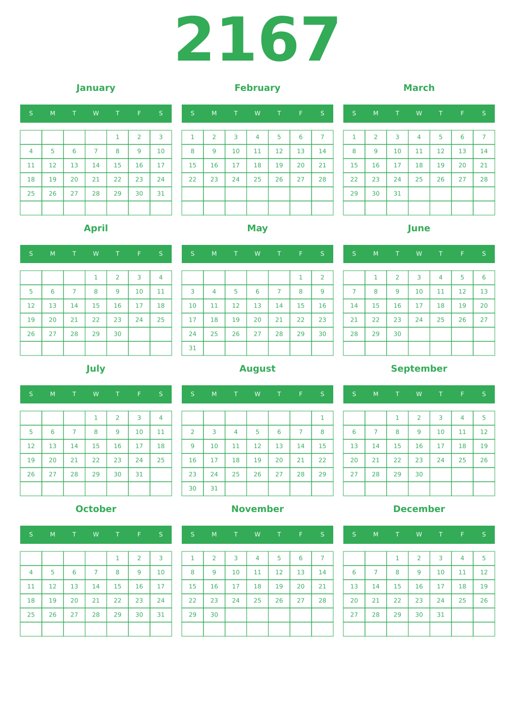 Printable 2167 Year Calendars green