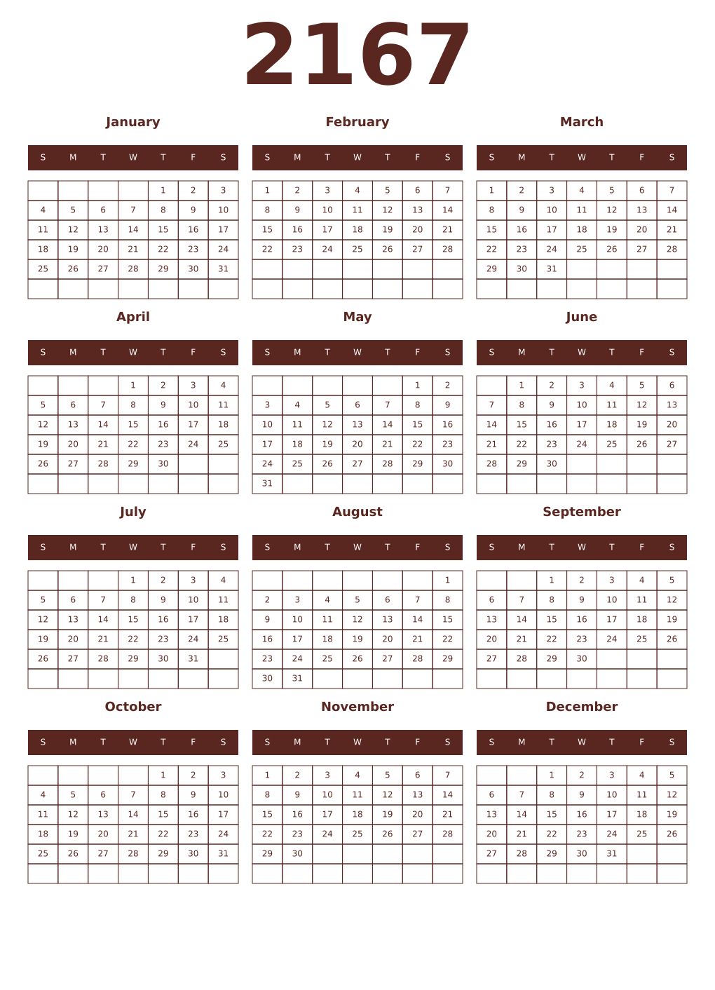 Printable 2167 Year Calendars mortuum