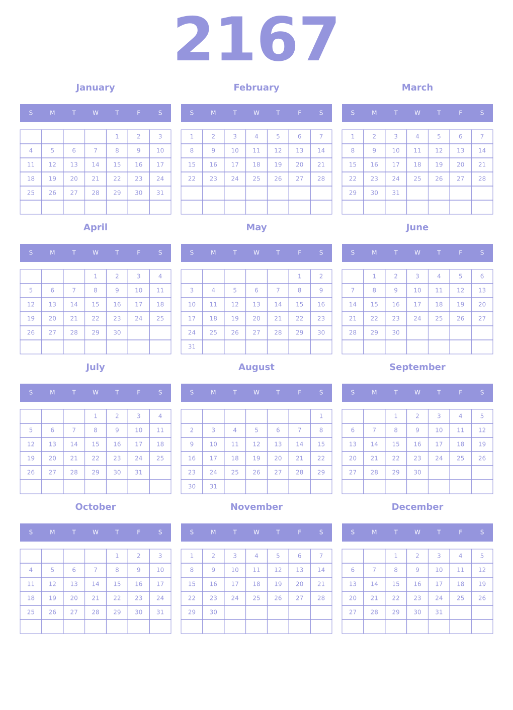 Printable 2167 Year Calendars periwinkle