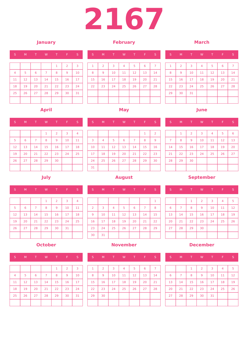 Printable 2167 Year Calendars pink