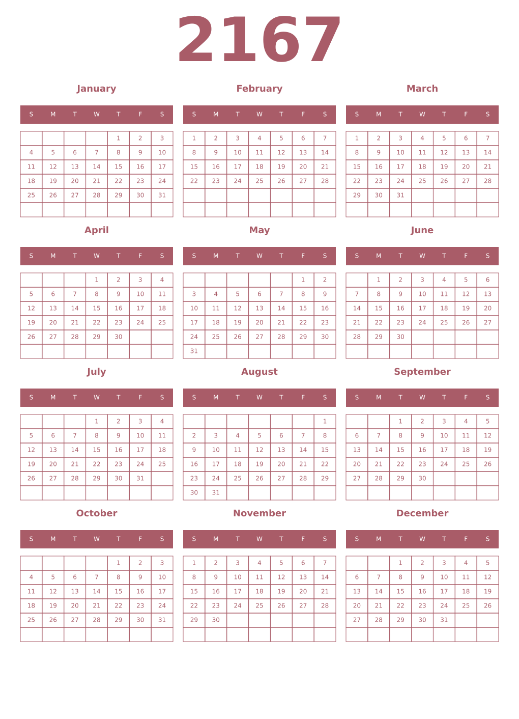 Printable 2167 Year Calendars puce