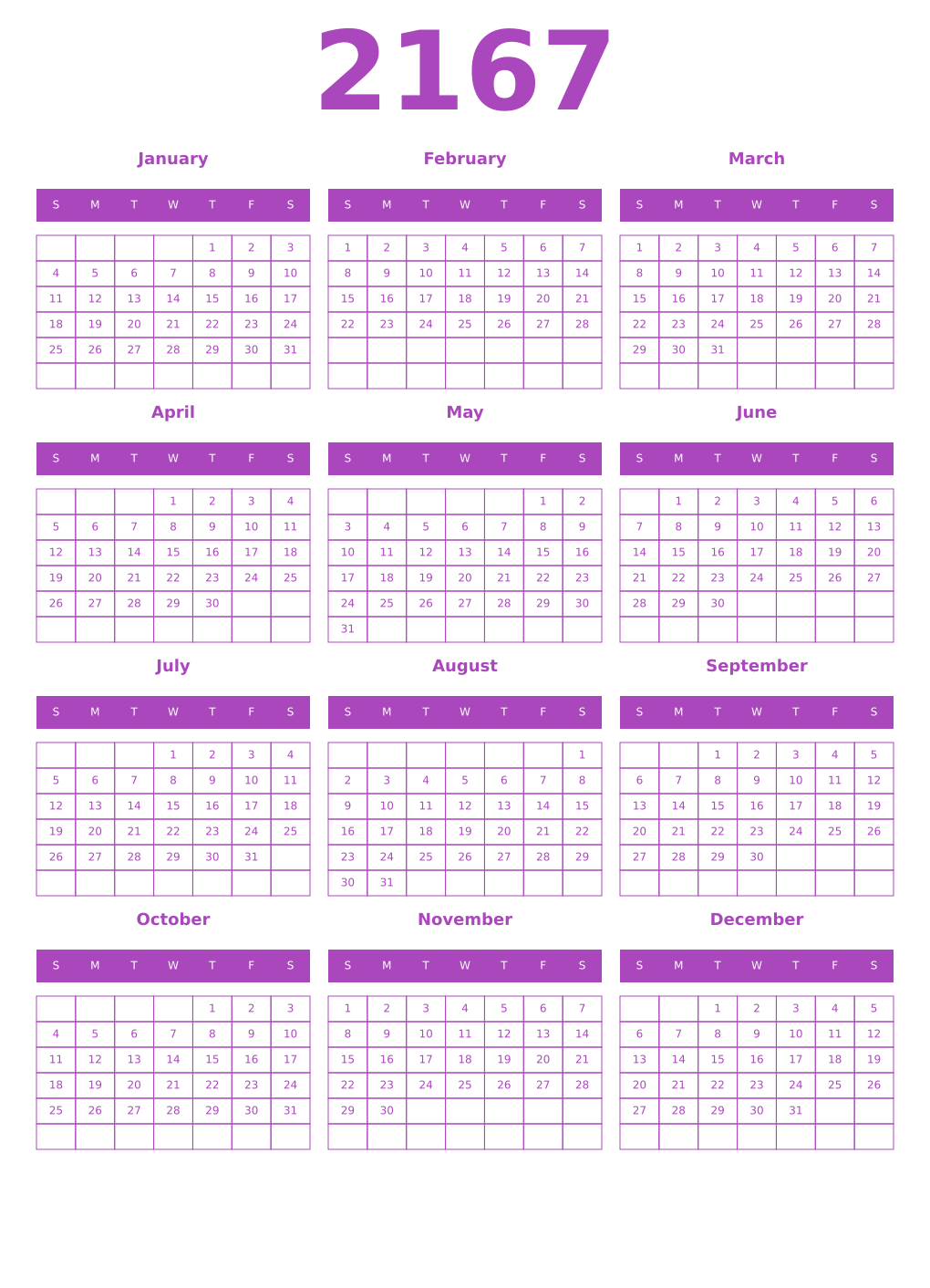 Printable 2167 Year Calendars purple