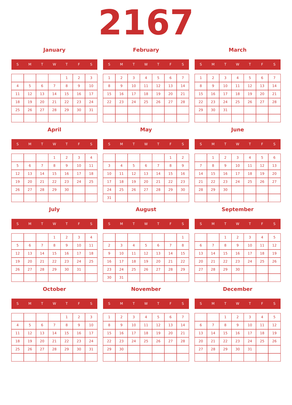 Printable 2167 Year Calendars red